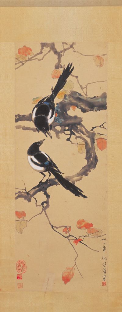 图片[1]-Xu Beihong’s Double Magpies and Autumn Flowers Painting Axis-China Archive